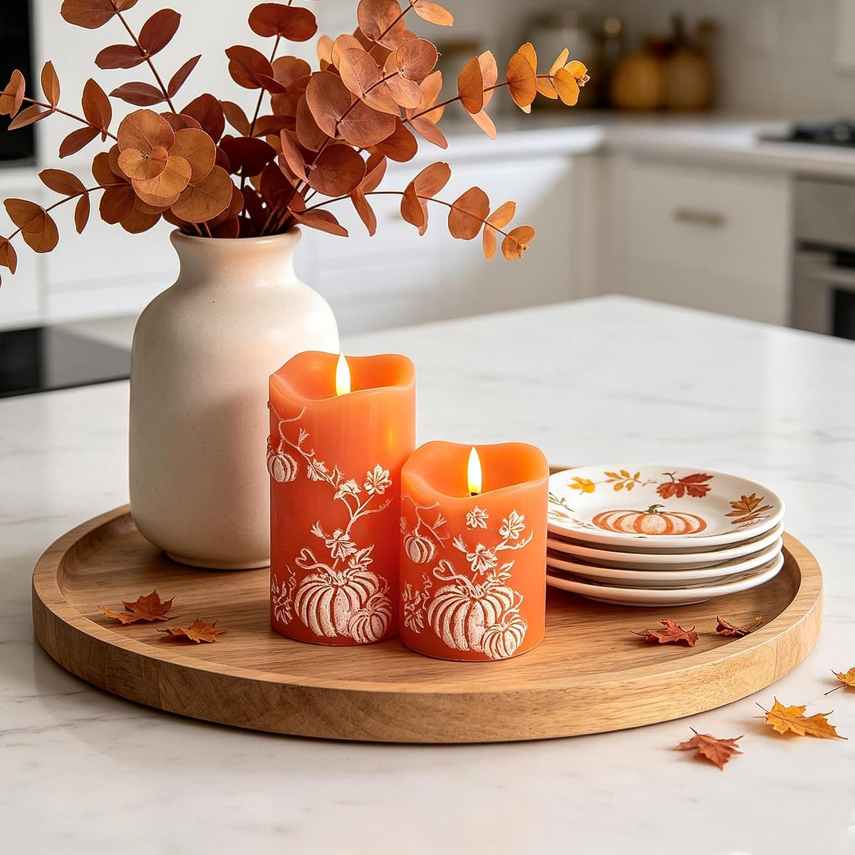 DN DECONATION Fall Decorations for Home, Flameless Pumpkin LED Candles | Orange & White, Real Wax, Pumpkin Embossed, Battery Operated Candles, Perfect for Autumn Thanksgiving, Home Table Decor, 2PCS