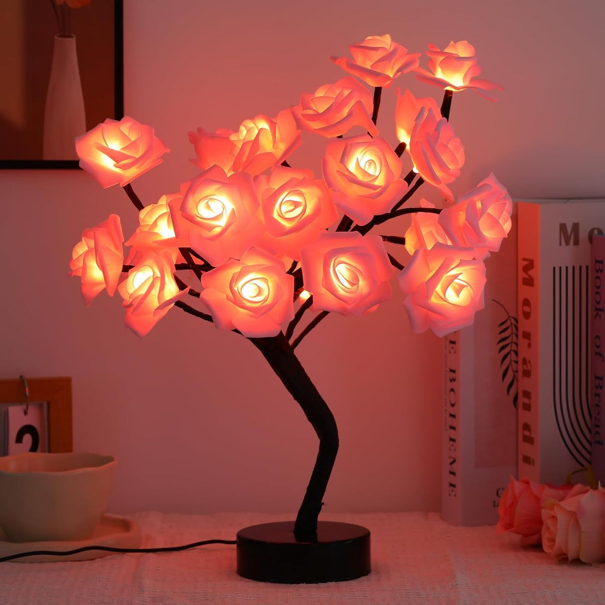Drawelry Rose Flower Tree Lamp - LED Rose Tree Table Lamp USB/Battery Powered Artificial Bonsai Flower Night Light for Bedroom Living Room Party Wedding Valentines Mothers Day Decor (Red)
