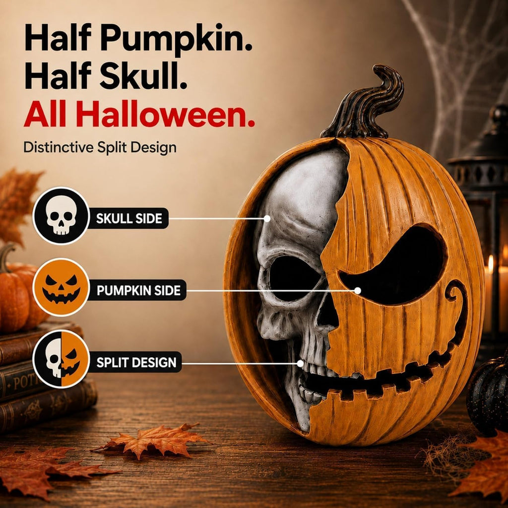 Led Light Up Jack O Lantern, Pumpkin Skull Halloween Decorations for Home | 11 Large Lighted Resin Scary Skeleton Head Figurine, Spooky Decor for Outdoor Front Porch Door, Indoor Table Top, Mantle