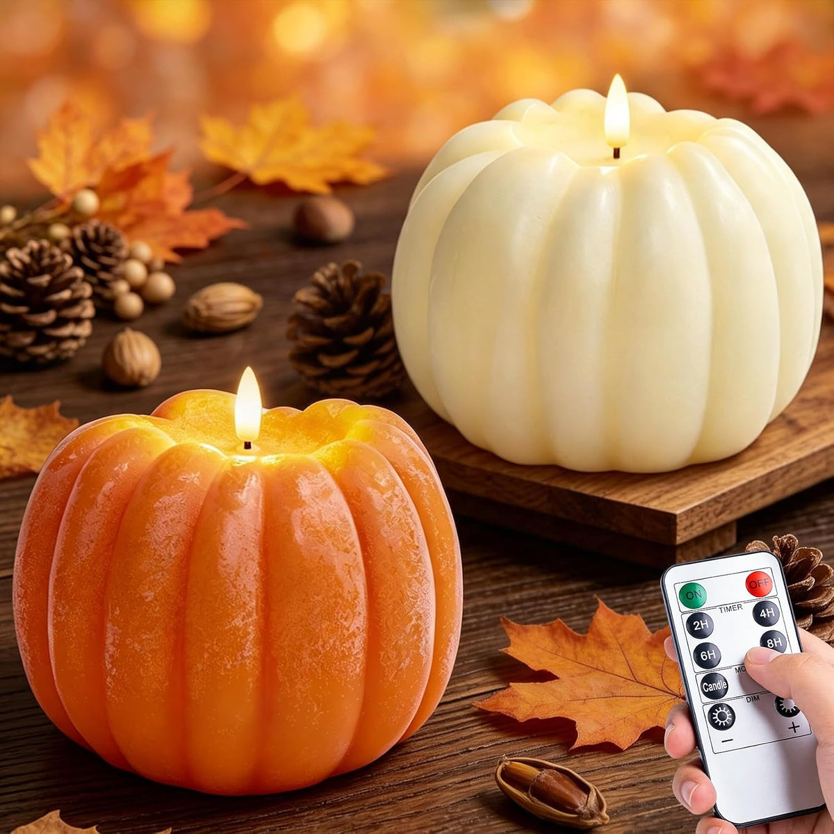 ARIKJ Fall Decorations for Home, Large Flameless Pumpkin Candle, Orange | Fall Decor for Thanksgiving, Halloween, Farmhouse, Table, Room, Kitchen, Wax, Remote, Timer, Battery Operated, 5.1H, 5.3D