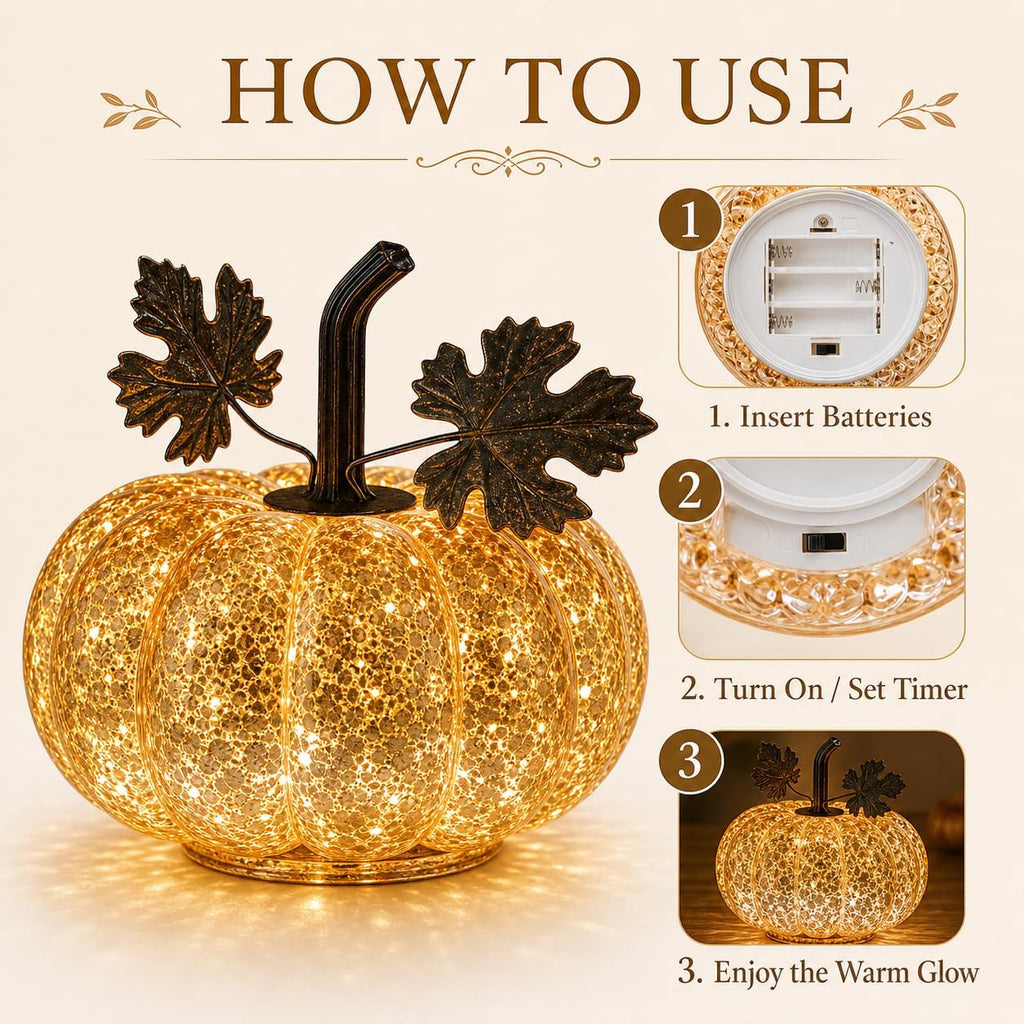 Mercury Glass Pumpkin Light with Timer, 6 Inch Gold Battery Operated LED Pumpkin Decor with 10 Warm Fairy Lights, Light Up Fall Halloween Thanksgiving Table Centerpiece for Home Mantel Shelf
