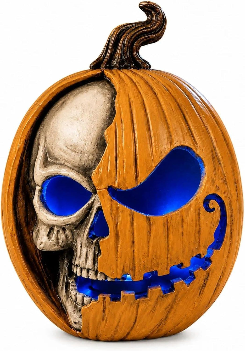 Led Light Up Jack O Lantern, Pumpkin Skull Halloween Decorations for Home | 11 Large Lighted Resin Scary Skeleton Head Figurine, Spooky Decor for Outdoor Front Porch Door, Indoor Table Top, Mantle