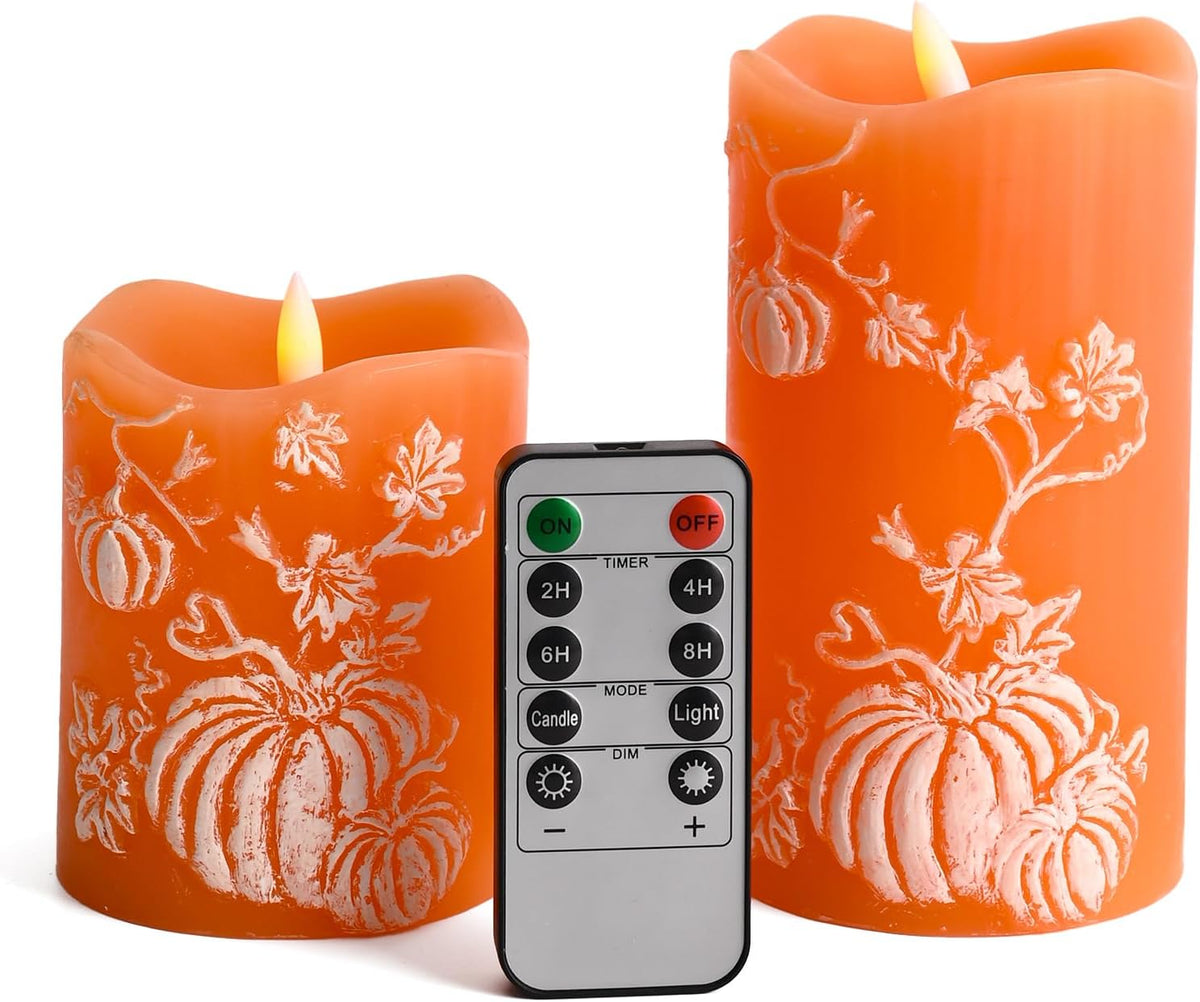 DN DECONATION Fall Decorations for Home, Flameless Pumpkin LED Candles | Orange & White, Real Wax, Pumpkin Embossed, Battery Operated Candles, Perfect for Autumn Thanksgiving, Home Table Decor, 2PCS