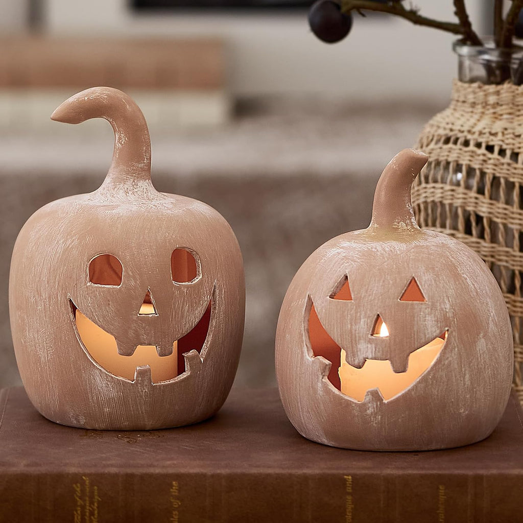 DN DECONATION Halloween Fall Pumpkin Decor, Jack O Lantern Tealight Holders | Terracotta Pumpkin Tea Light Candle Holders, Carved Face, For Fall Halloween Decorations, Farmhouse Table Mantle Decor, 2PCS