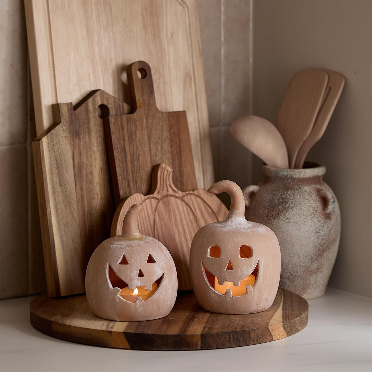 DN DECONATION Halloween Fall Pumpkin Decor, Jack O Lantern Tealight Holders | Terracotta Pumpkin Tea Light Candle Holders, Carved Face, For Fall Halloween Decorations, Farmhouse Table Mantle Decor, 2PCS