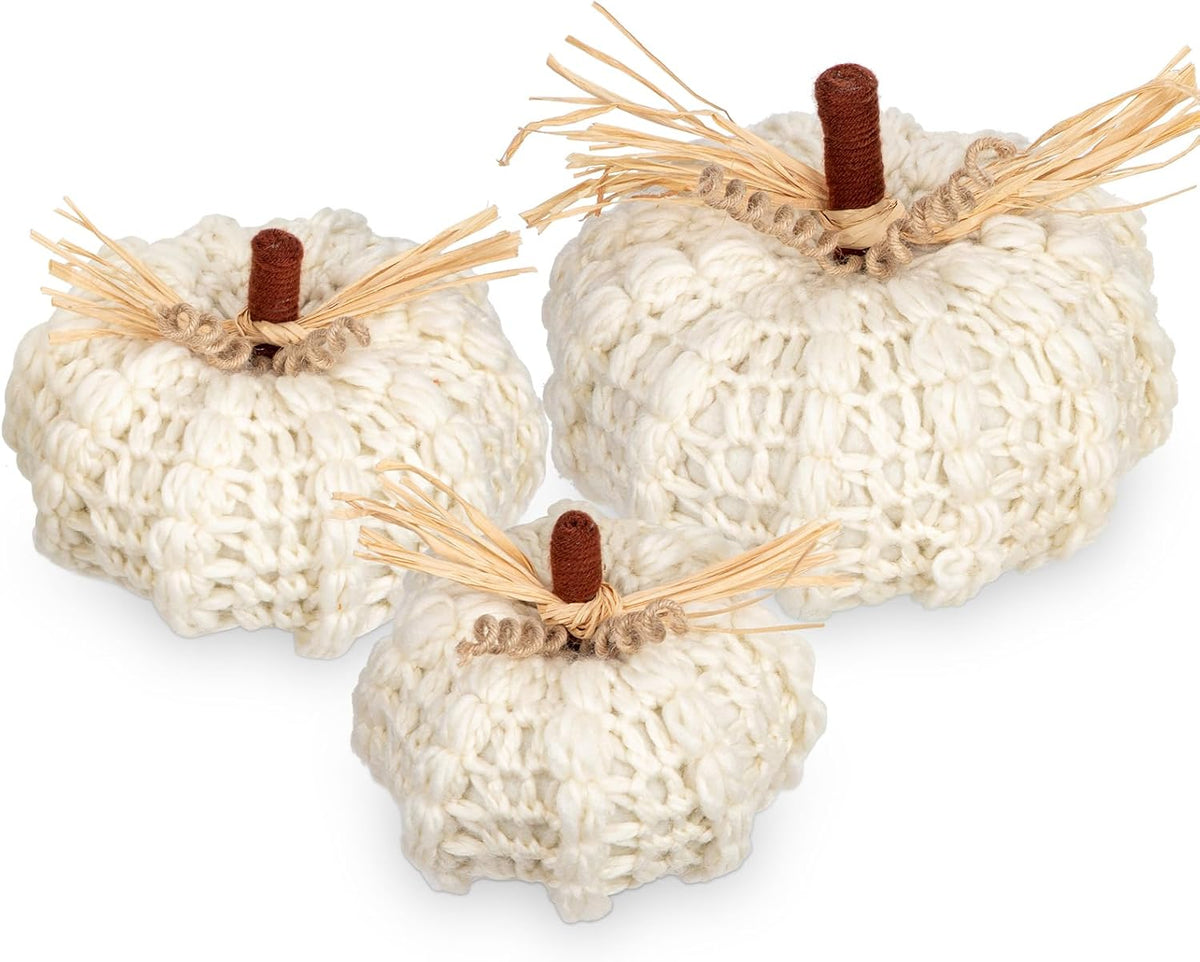 Briful 3PCS Fall Pumpkins Knitted Crocheted Decorative Rope Pumpkins, Cream | 7'' / 6.25'' / 5.5'' Autumn Pumpkins for Fall Centerpiece, Thanksgiving, Halloween Decorations, Farmhouse Home Indoor