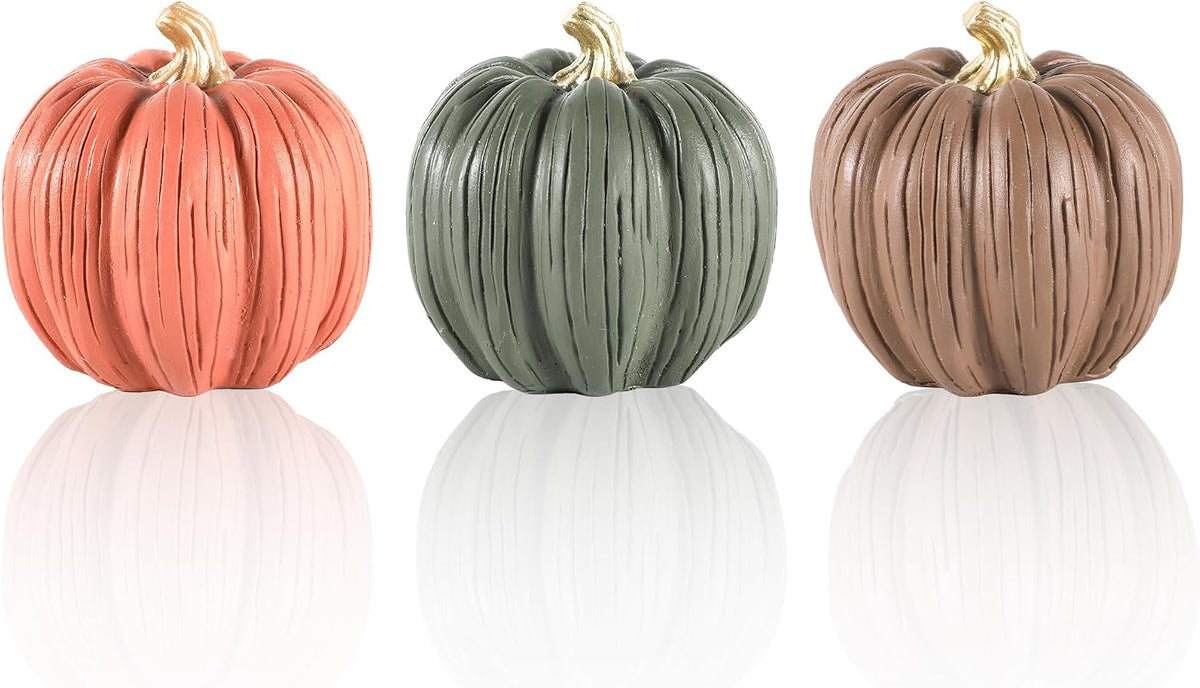 3-Pack Decorative Resin Fall Pumpkins for Autumn Decor (Orange Green Cream) | Fall Tabletop Decorations for Shelf Mantel Thanksgiving Farmhouse Rustic Home Décor