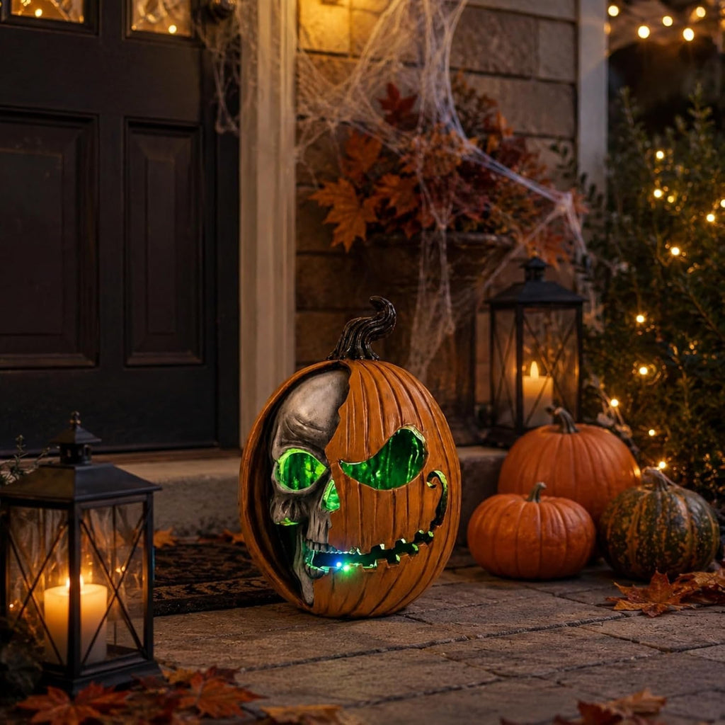 Led Light Up Jack O Lantern, Pumpkin Skull Halloween Decorations for Home | 11 Large Lighted Resin Scary Skeleton Head Figurine, Spooky Decor for Outdoor Front Porch Door, Indoor Table Top, Mantle