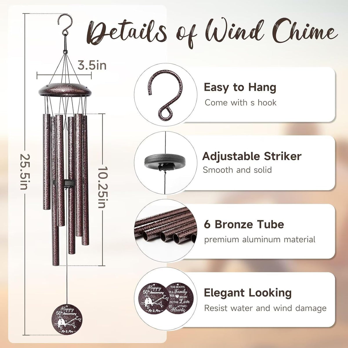 50th Anniversary Wind Chimes Gifts for Men Women, Romantic 50 Year Anniversary for Couples, Parents, Wife, Husband, Friends, Happy Anniversaries Decorations