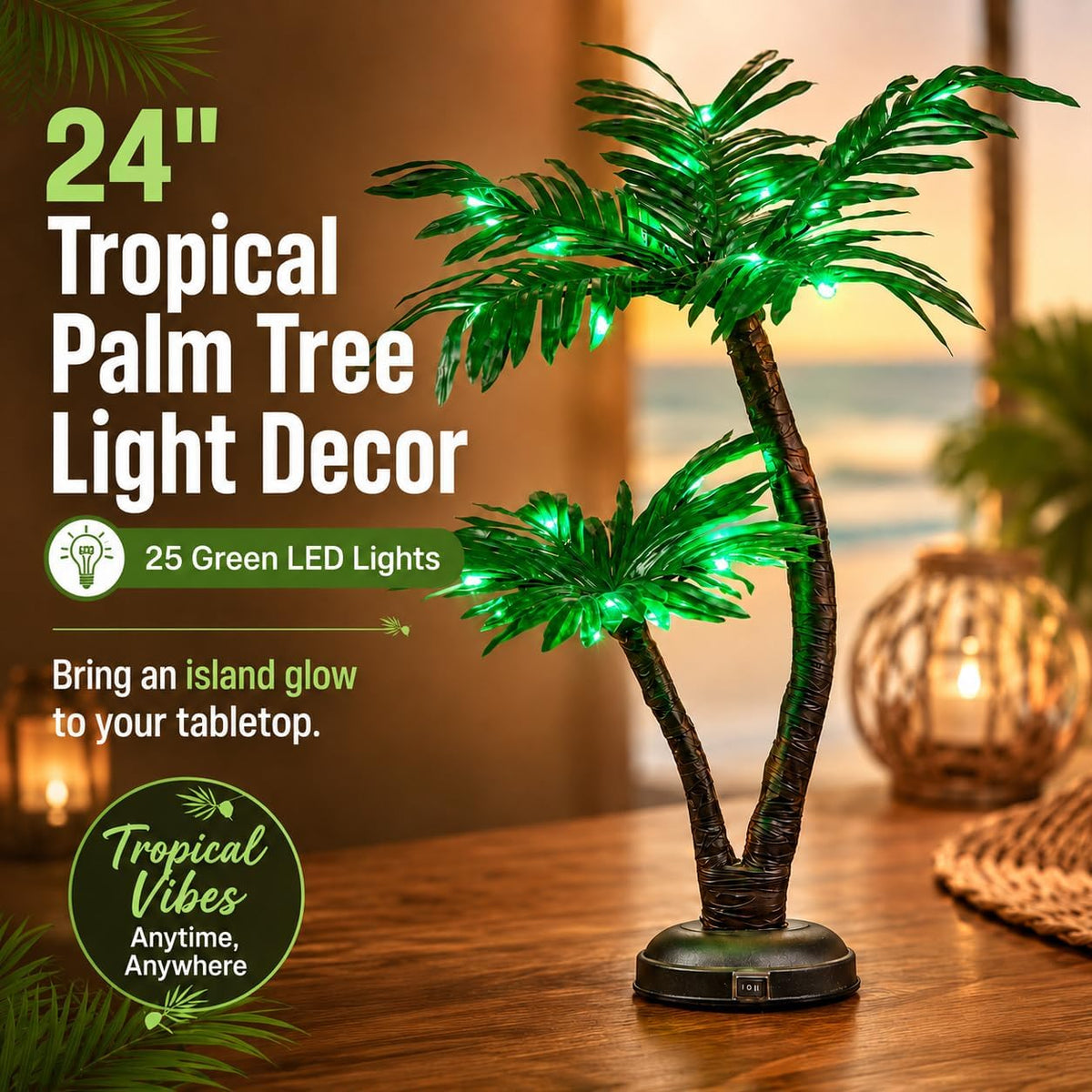 24 Lighted Palm Tree Decor, Tropical Tabletop LED Palm Tree Light with 25 Green LEDs, Battery Powered & Low Voltage Input, 6H Timer, Frosted Metal Base for Tiki Bar, Party, Bedroom