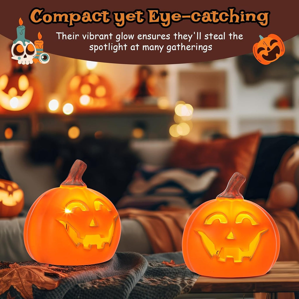 Kittmip 2 Pcs Halloween Jack O Lantern Pumpkins, Orange Warm Light | Battery Operated LED Lights, Light up Decor Indoor Outdoor, Spooky Carved Face for Halloween Party Porch Yard, Safe Flameless