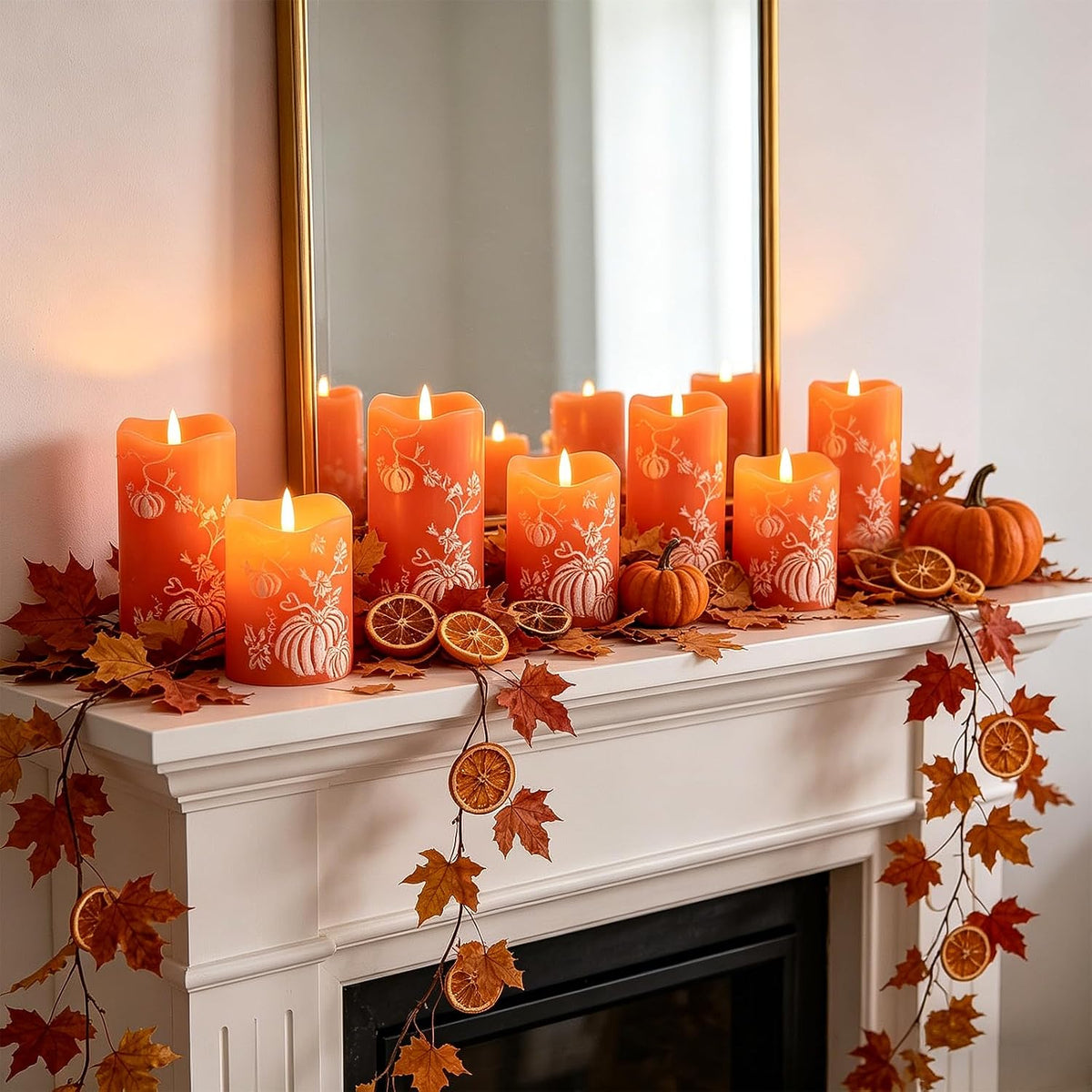 DN DECONATION Fall Decorations for Home, Flameless Pumpkin LED Candles | Orange & White, Real Wax, Pumpkin Embossed, Battery Operated Candles, Perfect for Autumn Thanksgiving, Home Table Decor, 2PCS