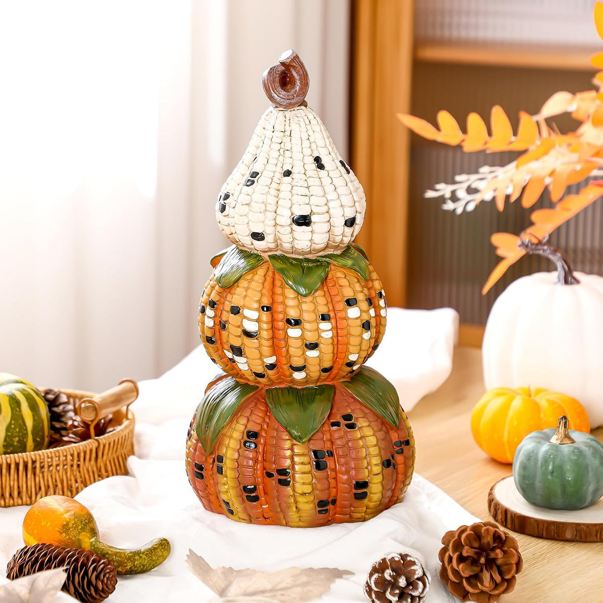 Fall Decorations for Home, Artificial Corn Decorative Pumpkins Figurines | 14'' Fall Stacked Pumpkin Decor, Resin Farmhouse Autumn Table Centerpieces for Thanksgiving Halloween Living Room Indoor