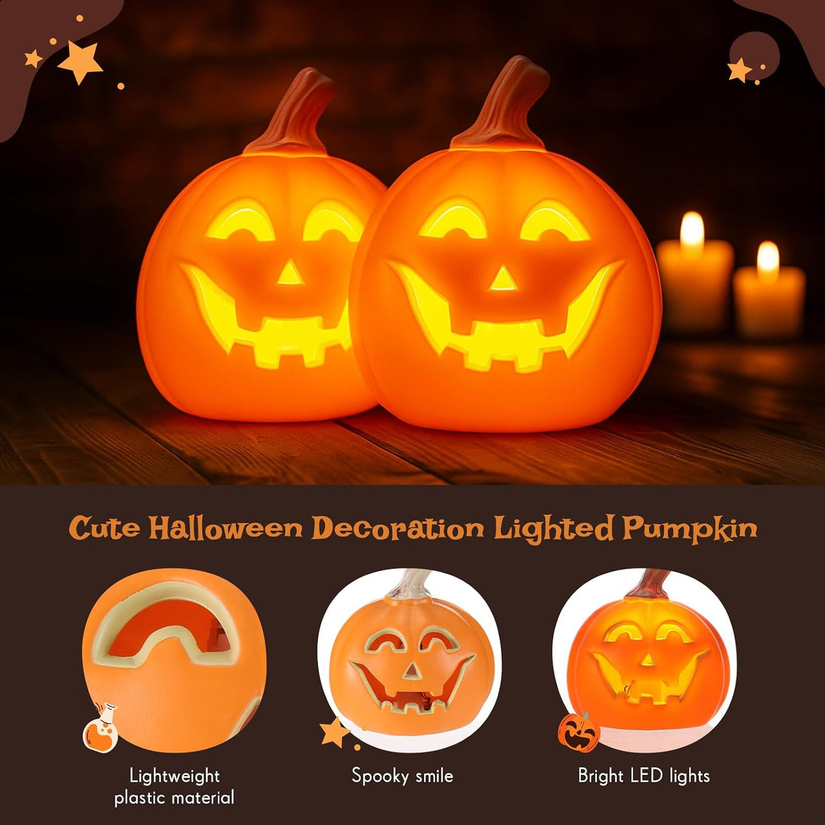 Kittmip 2 Pcs Halloween Jack O Lantern Pumpkins, Orange Warm Light | Battery Operated LED Lights, Light up Decor Indoor Outdoor, Spooky Carved Face for Halloween Party Porch Yard, Safe Flameless