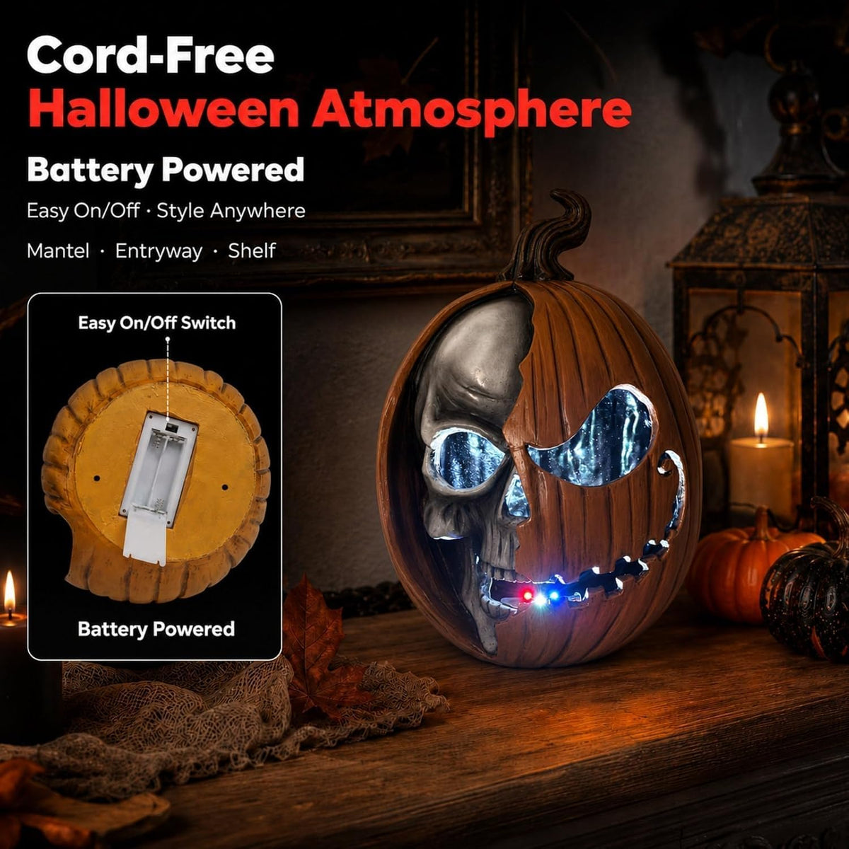 Led Light Up Jack O Lantern, Pumpkin Skull Halloween Decorations for Home | 11 Large Lighted Resin Scary Skeleton Head Figurine, Spooky Decor for Outdoor Front Porch Door, Indoor Table Top, Mantle