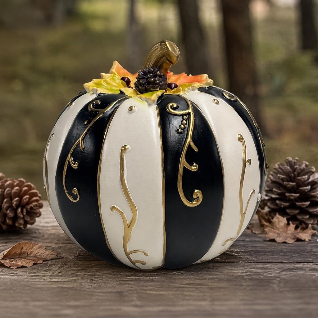 Farmhouse Lighted Pumpkin Figurine Resin Black White Striped Gold Swirl | Warm Flickering Glow Glowing Centerpiece Fall Halloween Thanksgiving Indoor Table Fireplace Autumn Decor