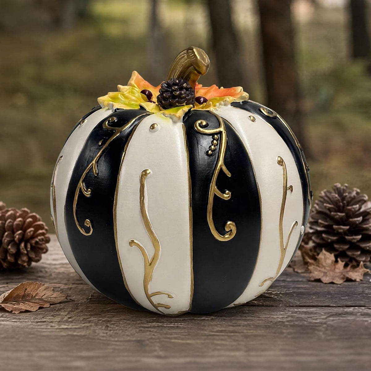 Farmhouse Lighted Pumpkin Figurine Resin Black White Striped Gold Swirl | Warm Flickering Glow Glowing Centerpiece Fall Halloween Thanksgiving Indoor Table Fireplace Autumn Decor