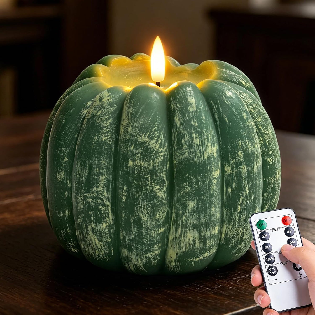 ARIKJ Fall Decorations for Home, Large Flameless Pumpkin Candle, Orange | Fall Decor for Thanksgiving, Halloween, Farmhouse, Table, Room, Kitchen, Wax, Remote, Timer, Battery Operated, 5.1H, 5.3D