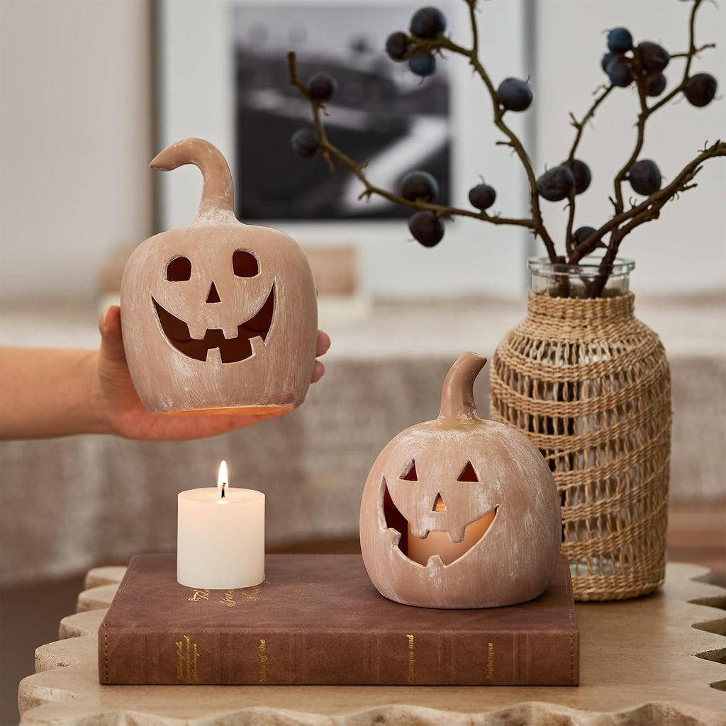 DN DECONATION Halloween Fall Pumpkin Decor, Jack O Lantern Tealight Holders | Terracotta Pumpkin Tea Light Candle Holders, Carved Face, For Fall Halloween Decorations, Farmhouse Table Mantle Decor, 2PCS