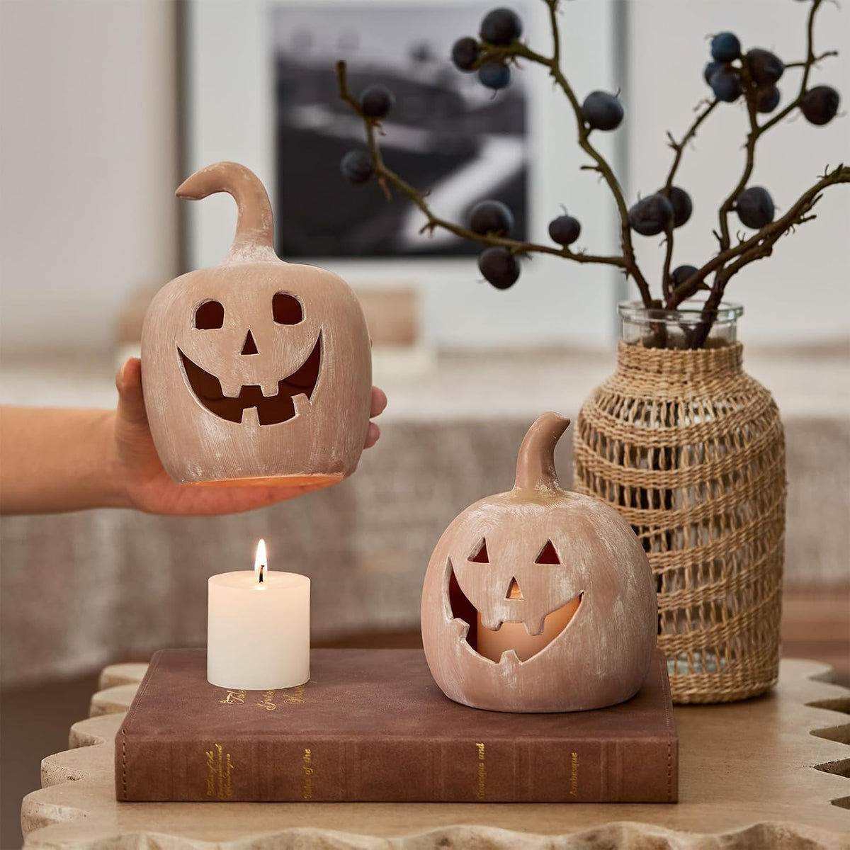 DN DECONATION Halloween Fall Pumpkin Decor, Jack O Lantern Tealight Holders | Terracotta Pumpkin Tea Light Candle Holders, Carved Face, For Fall Halloween Decorations, Farmhouse Table Mantle Decor, 2PCS