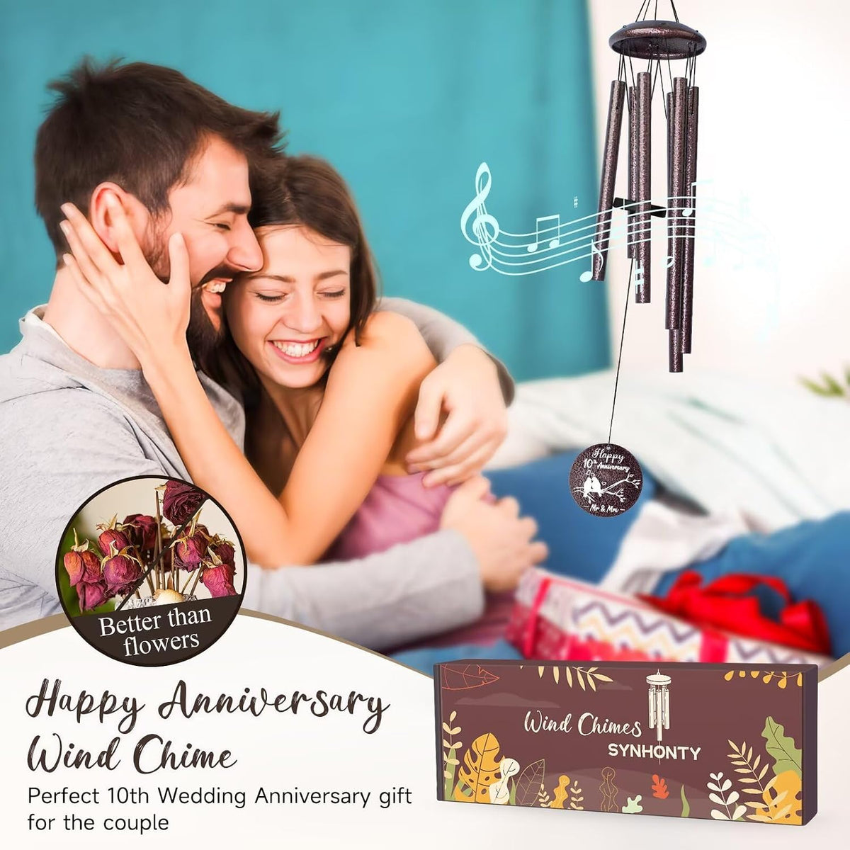 Anniversary Wind Chimes Gifts for Men Women, Happy Anniversary Decorations, 25 Wind Chimes Romantic Gift for Couple, Parents, Wife, Husband, Friends (10th