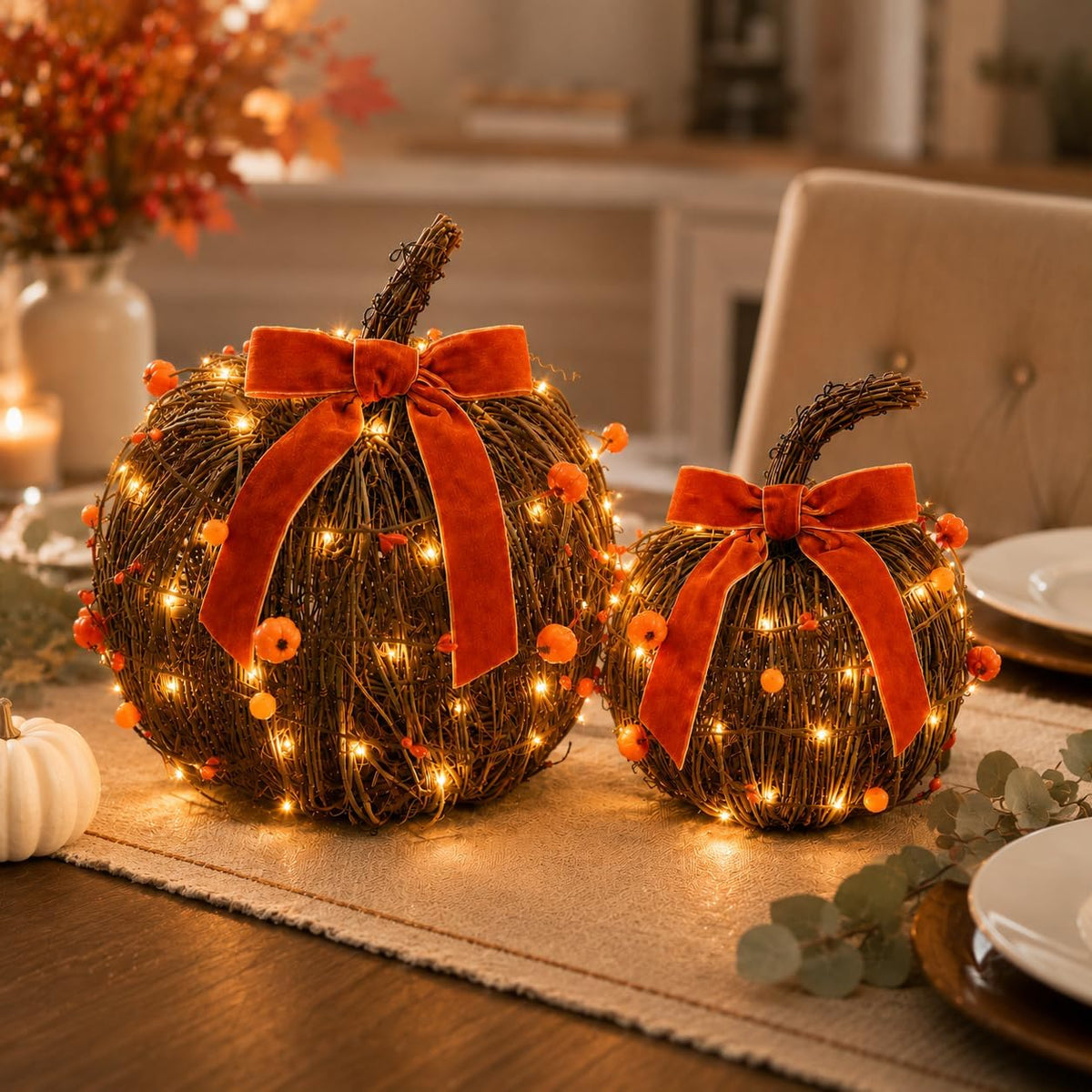 KnomeKo Lighted Fall Pumpkin Decor 2 Pack Rattan Pumpkins with Velvet Bow | Wicker Pumpkin Rustic Autumn Fall Decorations for Thanksgiving Farmhouse Harvest Mantel Entryway Centerpieces
