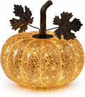 Mercury Glass Pumpkin Light with Timer, 6 Inch Gold Battery Operated LED Pumpkin Decor with 10 Warm Fairy Lights, Light Up Fall Halloween Thanksgiving Table Centerpiece for Home Mantel Shelf