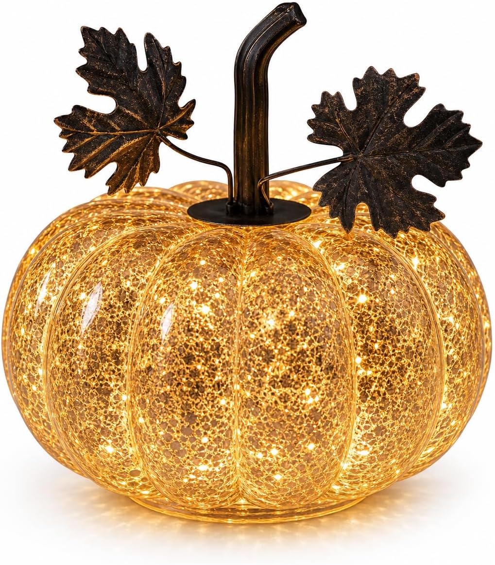 Mercury Glass Pumpkin Light with Timer, 6 Inch Gold Battery Operated LED Pumpkin Decor with 10 Warm Fairy Lights, Light Up Fall Halloween Thanksgiving Table Centerpiece for Home Mantel Shelf