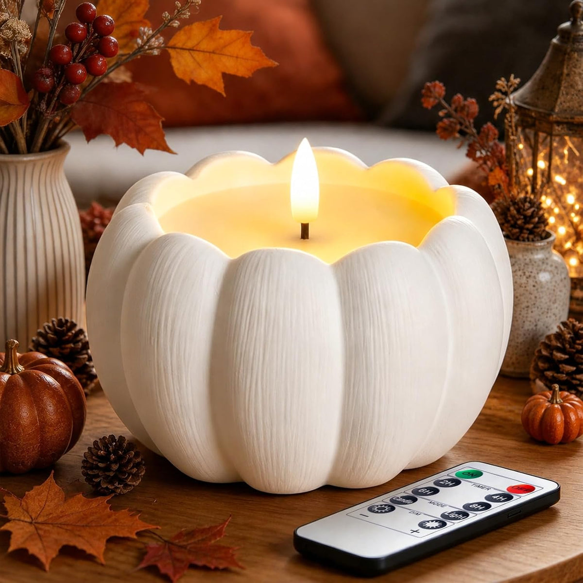 ARIKJ Fall Decorations for Home, Large Flameless Pumpkin Candle, Orange | Fall Decor for Thanksgiving, Halloween, Farmhouse, Table, Room, Kitchen, Wax, Remote, Timer, Battery Operated, 5.1H, 5.3D