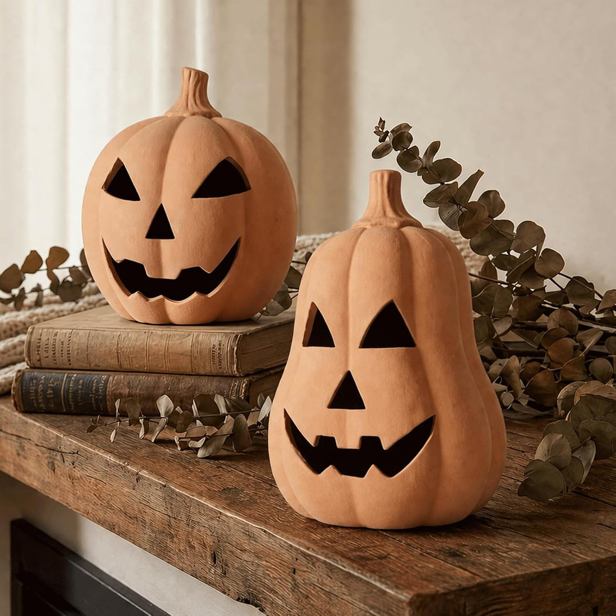 Halloween Decorations, Set of 2 Handmade Terracotta Jack O' Lanterns | Cozy Fall Decor for Home, Indoor Outdoor Autumn Farmhouse Decor for Porch, Front Door, Mantel, Table Centerpiece
