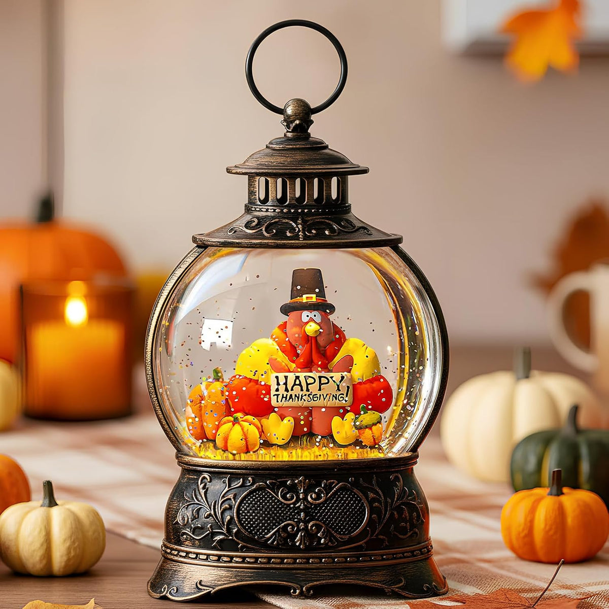 Fall Harvest Snow Globe Lantern, Lighted Autumn Pumpkin Snow Globe with Sunflowers, Scarecrow & Fence, Vintage Tabletop Thanksgiving Decor for Home, Living Room, Mantel, Farmhouse