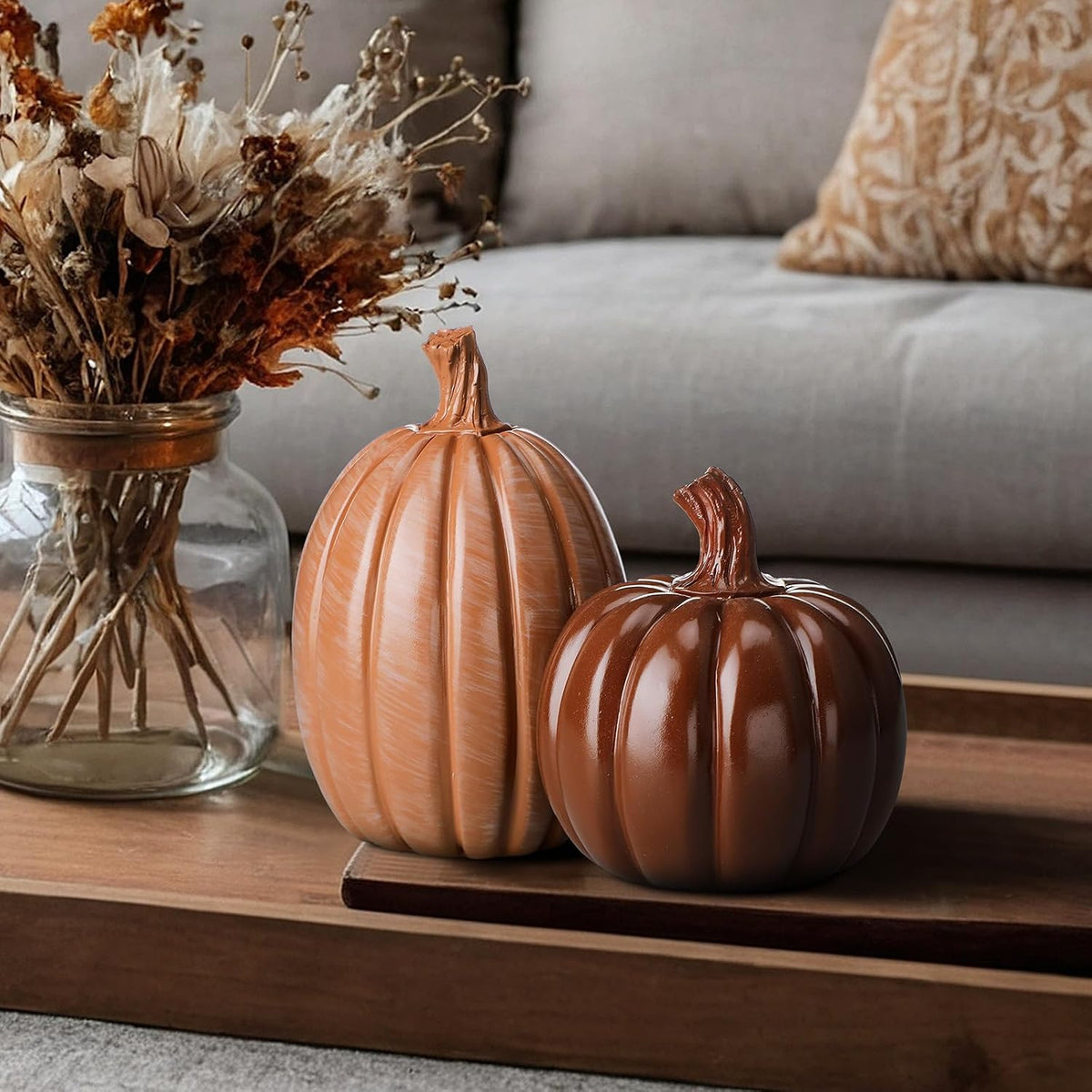 Vicenpal 2 Pcs Fall Pumpkin Decor Resin Pumpkin Table Decor, Brown, Glossy | Fall Table Centerpieces, Brown Pumpkins Figurine, Farmhouse Rustic, Thanksgiving Decor, Autumn Halloween Tabletop Mantel Home