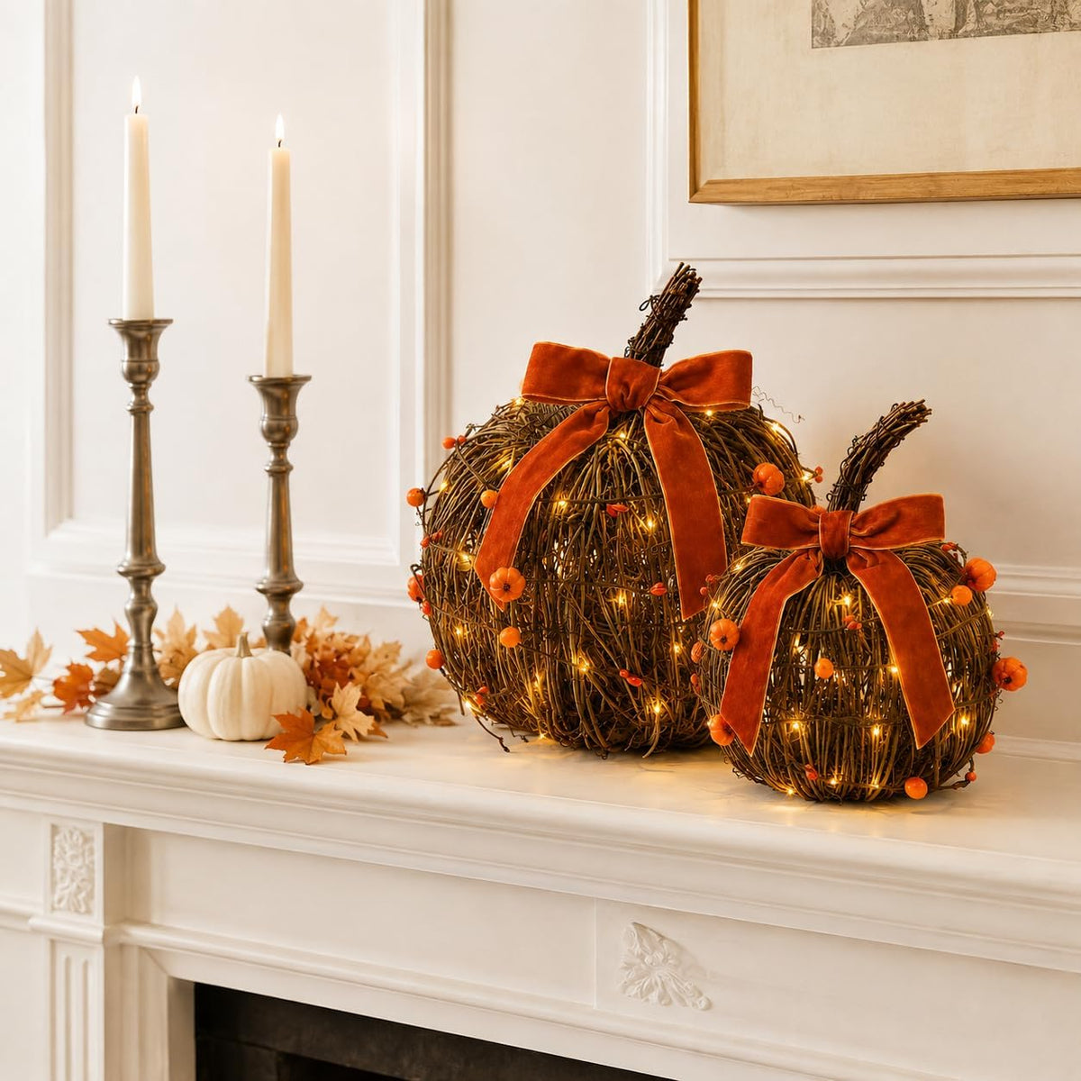 KnomeKo Lighted Fall Pumpkin Decor 2 Pack Rattan Pumpkins with Velvet Bow | Wicker Pumpkin Rustic Autumn Fall Decorations for Thanksgiving Farmhouse Harvest Mantel Entryway Centerpieces