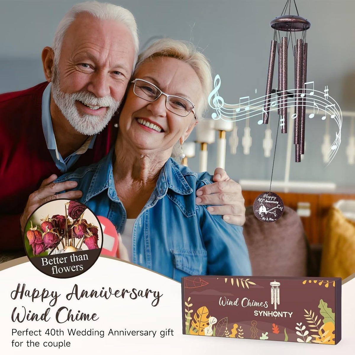Anniversary Wind Chimes Gifts for Men Women, Happy Anniversary Decorations, 25 Wind Chimes Romantic Gift for Couple, Parents, Wife, Husband, Friends (40th