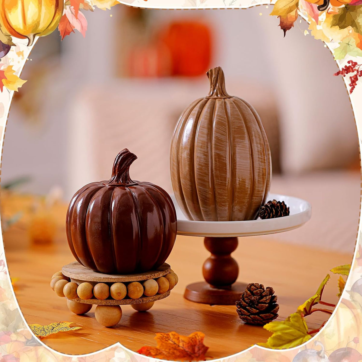 Vicenpal 2 Pcs Fall Pumpkin Decor Resin Pumpkin Table Decor, Brown, Glossy | Fall Table Centerpieces, Brown Pumpkins Figurine, Farmhouse Rustic, Thanksgiving Decor, Autumn Halloween Tabletop Mantel Home