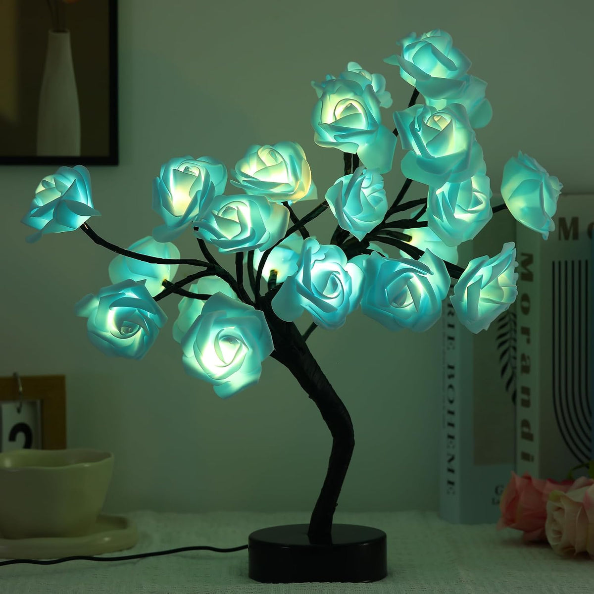 Drawelry Rose Flower Tree Lamp - LED Rose Tree Table Lamp USB/Battery Powered Artificial Bonsai Flower Night Light for Bedroom Living Room Party Wedding Valentines Mothers Day Decor (Red)