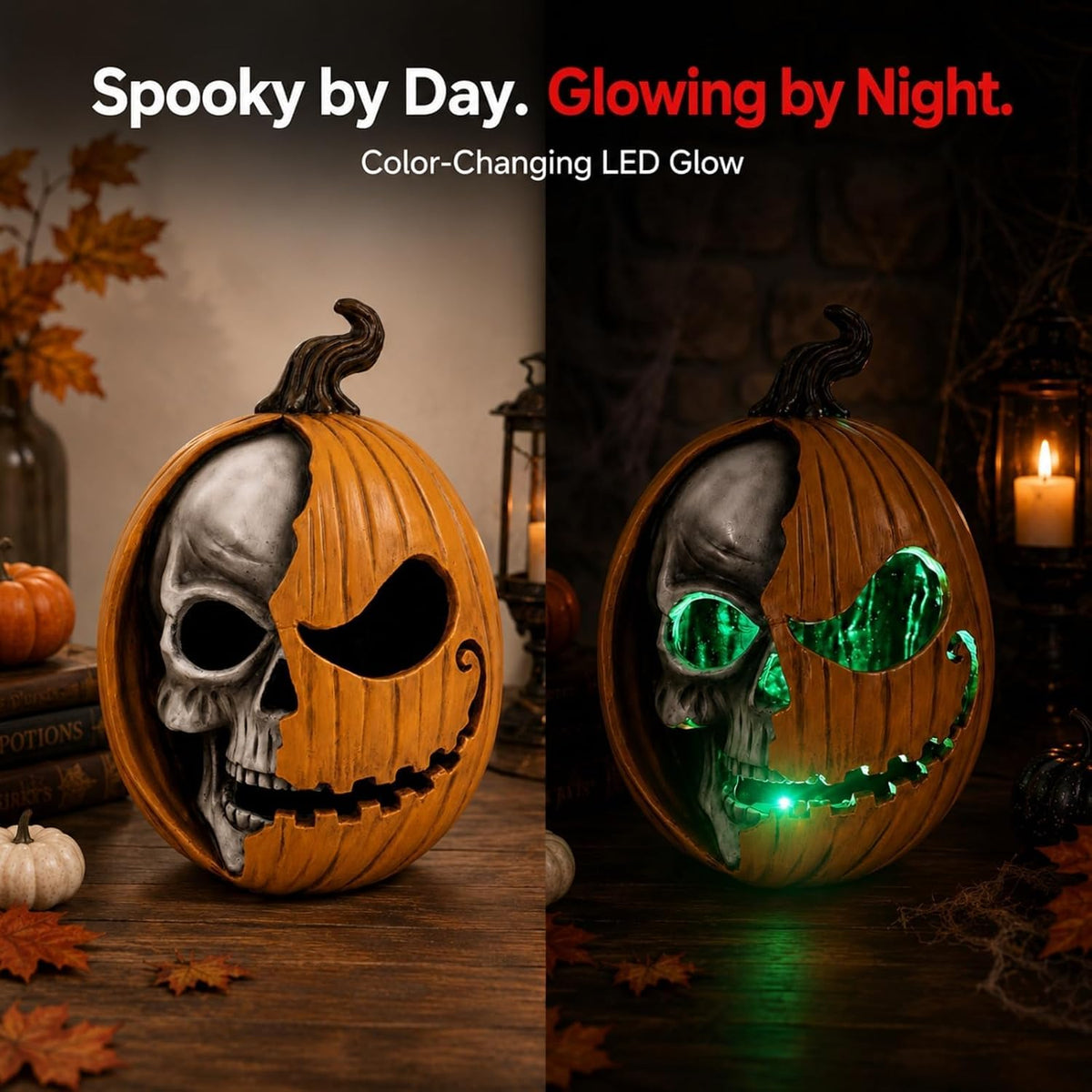 Led Light Up Jack O Lantern, Pumpkin Skull Halloween Decorations for Home | 11 Large Lighted Resin Scary Skeleton Head Figurine, Spooky Decor for Outdoor Front Porch Door, Indoor Table Top, Mantle