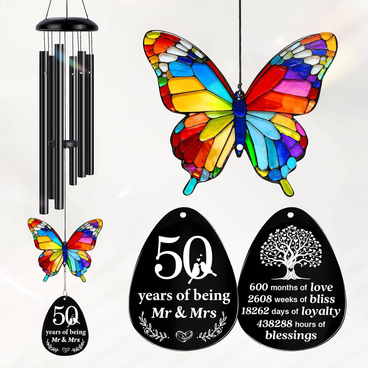 Anniversary Wind Chimes Gifts for Couples,Mr & Mrs Gifts | Anniversary Wind Chimes Gifts for Couples, Husband Wife Romantic Gifts with Butterfly Suncatcher, Outdoor Garden Décor
