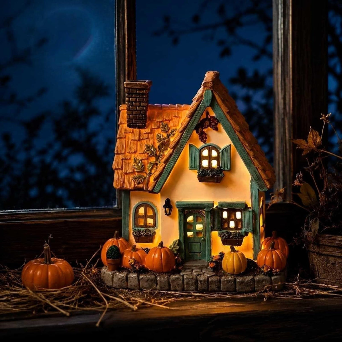 Lighted Resin Pumpkin House, LED Warm Glow Cottage Tabletop Decor | Hidden LED Inside, Auto Timer, Stone Base, 19cm Tall, No Assembly, for Mantel Entryway Shelf