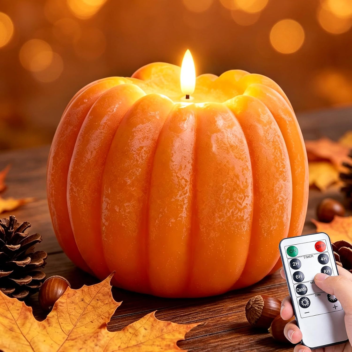 ARIKJ Fall Decorations for Home, Large Flameless Pumpkin Candle, Orange | Fall Decor for Thanksgiving, Halloween, Farmhouse, Table, Room, Kitchen, Wax, Remote, Timer, Battery Operated, 5.1H, 5.3D