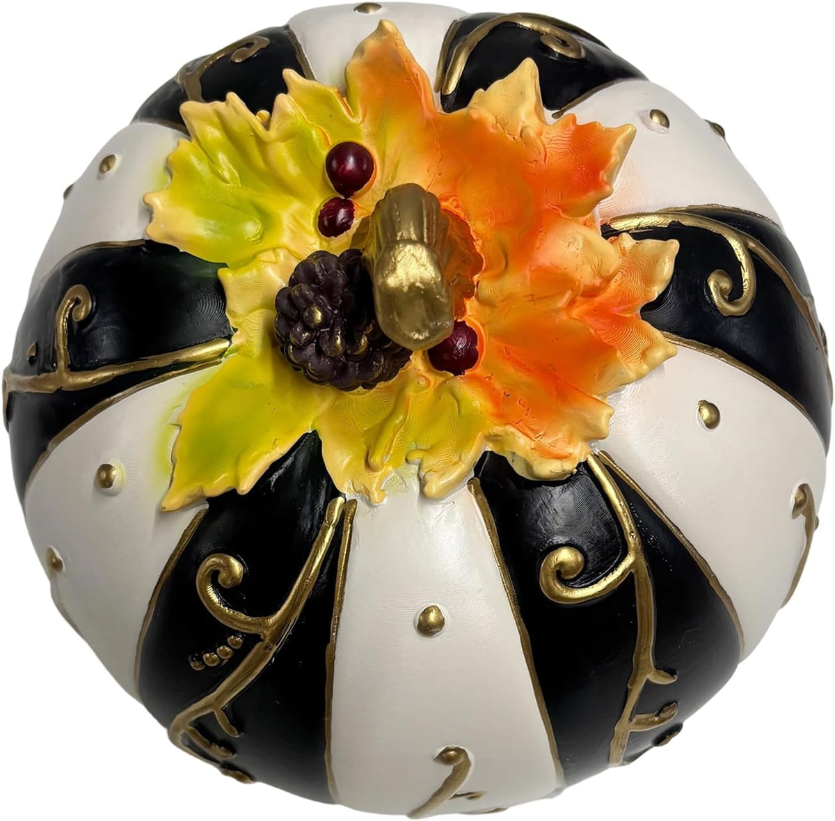 Farmhouse Lighted Pumpkin Figurine Resin Black White Striped Gold Swirl | Warm Flickering Glow Glowing Centerpiece Fall Halloween Thanksgiving Indoor Table Fireplace Autumn Decor