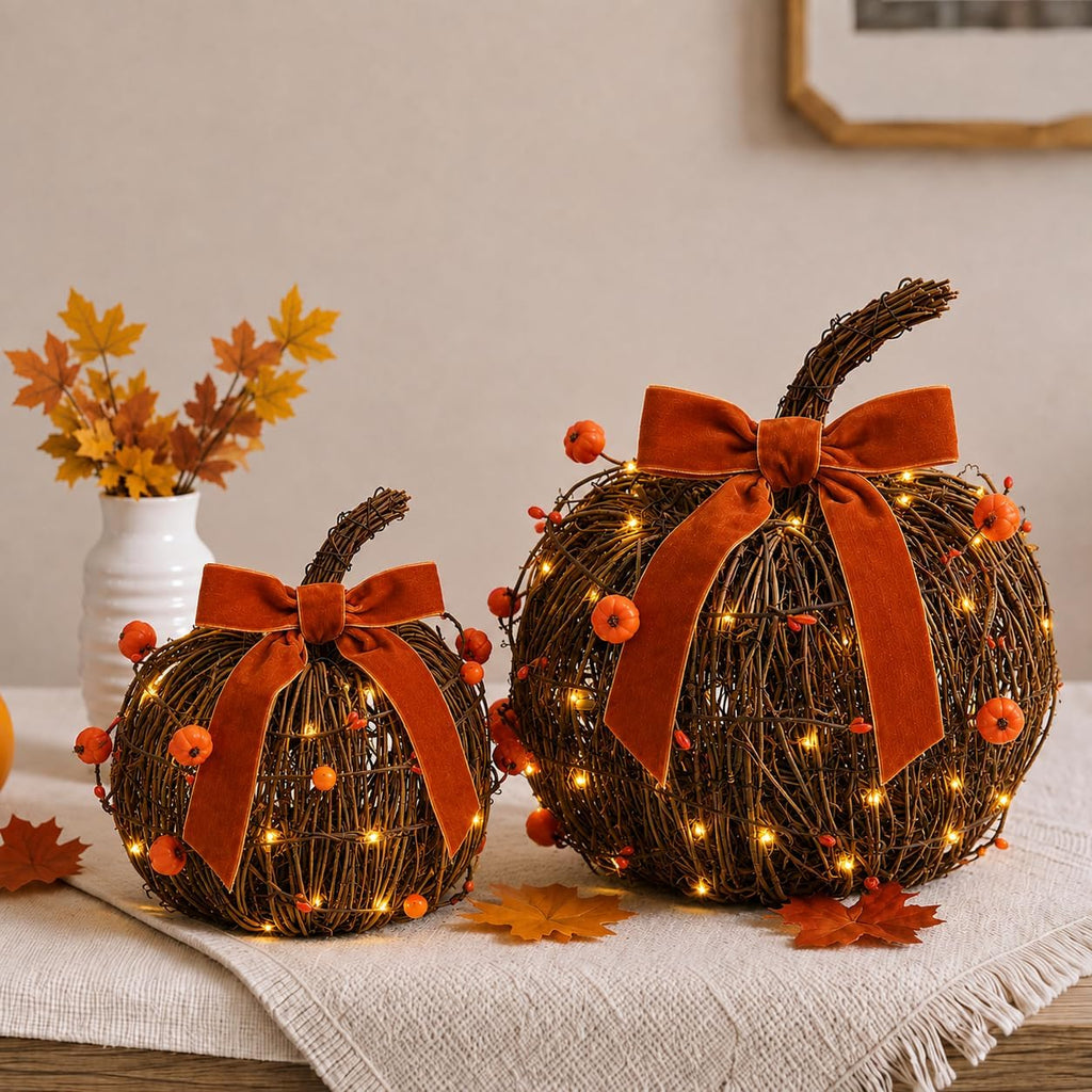 KnomeKo Lighted Fall Pumpkin Decor 2 Pack Rattan Pumpkins with Velvet Bow | Wicker Pumpkin Rustic Autumn Fall Decorations for Thanksgiving Farmhouse Harvest Mantel Entryway Centerpieces