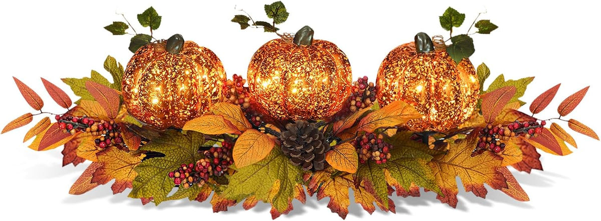 Fall Centerpieces for Table, Lighted LED Sparkle Pumpkins Battery Operated with Timer for Thanksgiving Autumn Harvest Dining Table Decorations 28’’ L