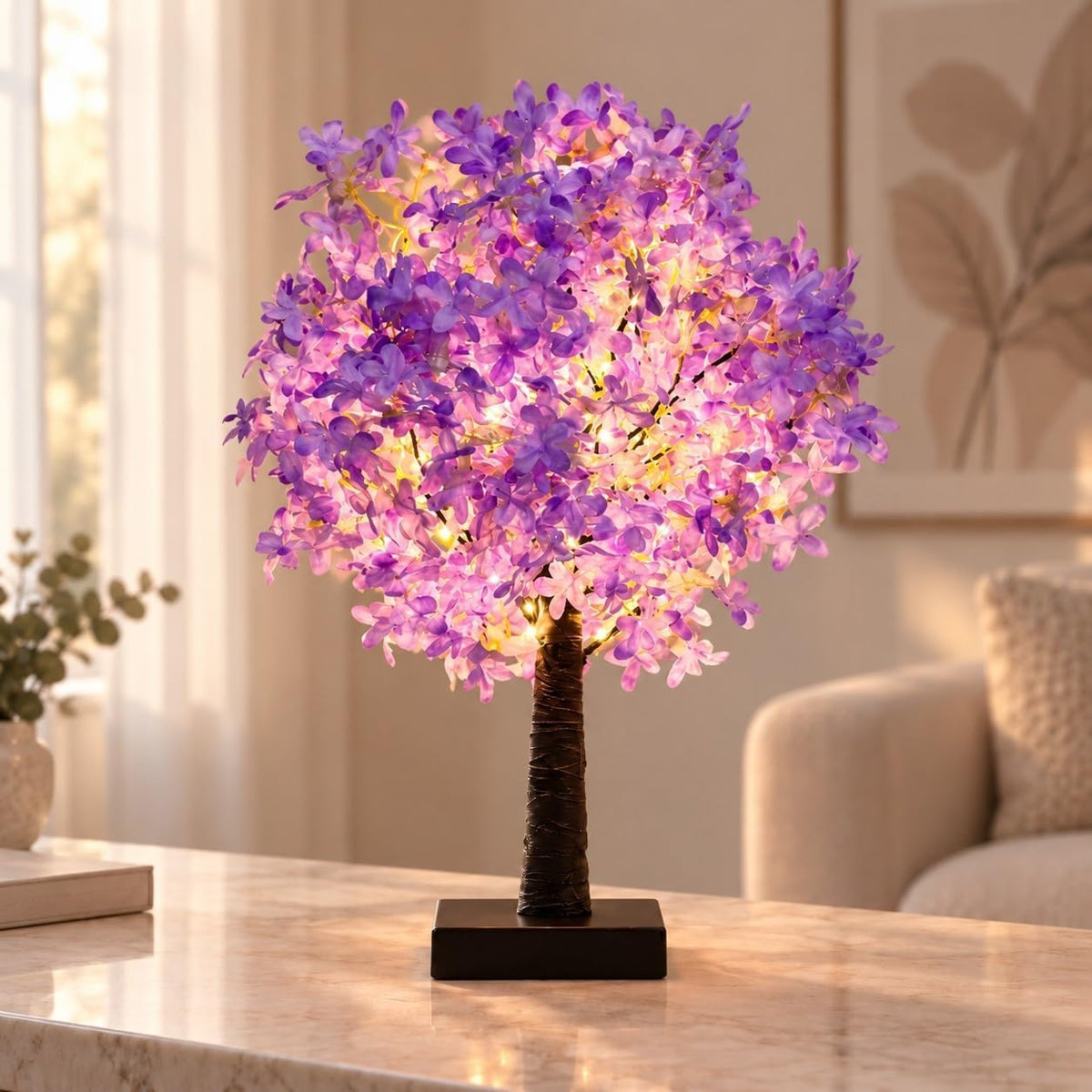 Cherry Blossom Tree Light, LED Tabletop Flower Lamp for Indoor Decor | Faux blossoms and bendable branches bring a soft glow to bedroom deco for flower lovers.(Purple)