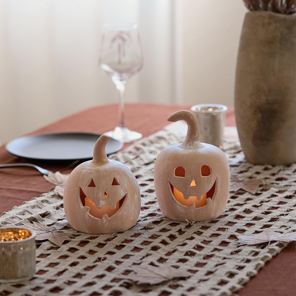 DN DECONATION Halloween Fall Pumpkin Decor, Jack O Lantern Tealight Holders | Terracotta Pumpkin Tea Light Candle Holders, Carved Face, For Fall Halloween Decorations, Farmhouse Table Mantle Decor, 2PCS