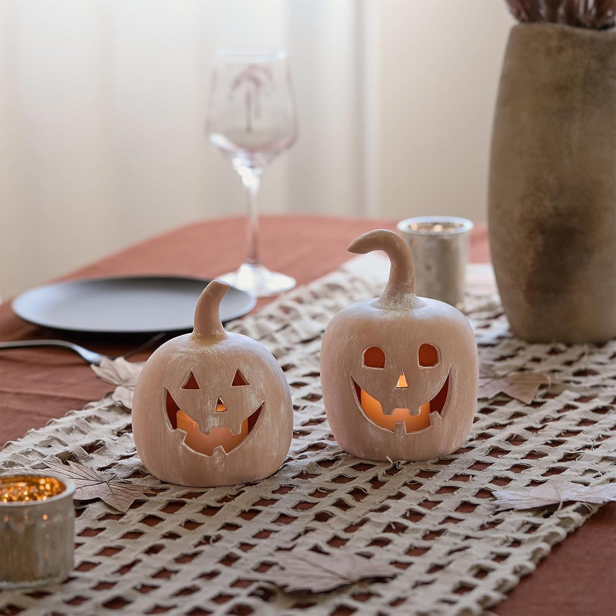 DN DECONATION Halloween Fall Pumpkin Decor, Jack O Lantern Tealight Holders | Terracotta Pumpkin Tea Light Candle Holders, Carved Face, For Fall Halloween Decorations, Farmhouse Table Mantle Decor, 2PCS
