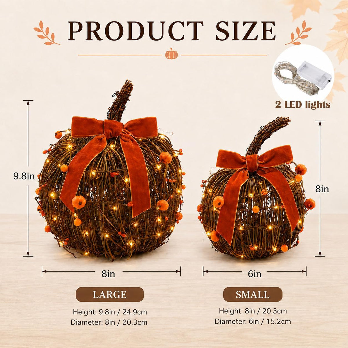KnomeKo Lighted Fall Pumpkin Decor 2 Pack Rattan Pumpkins with Velvet Bow | Wicker Pumpkin Rustic Autumn Fall Decorations for Thanksgiving Farmhouse Harvest Mantel Entryway Centerpieces