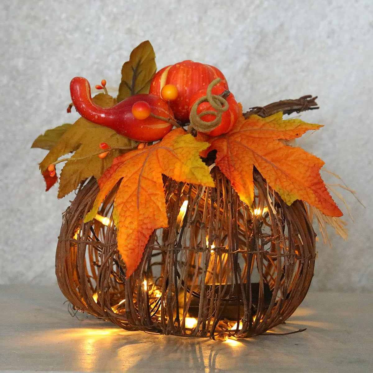 8 Inch Lighted Pumpkin Fall Decor – LED Thanksgiving Decoration with Maple Leaves, Berries, and Pumpkin, Autumn Harvest Centerpiece for Table, Indoor Outdoor Outdoor Pumpkins for Porch Home Display