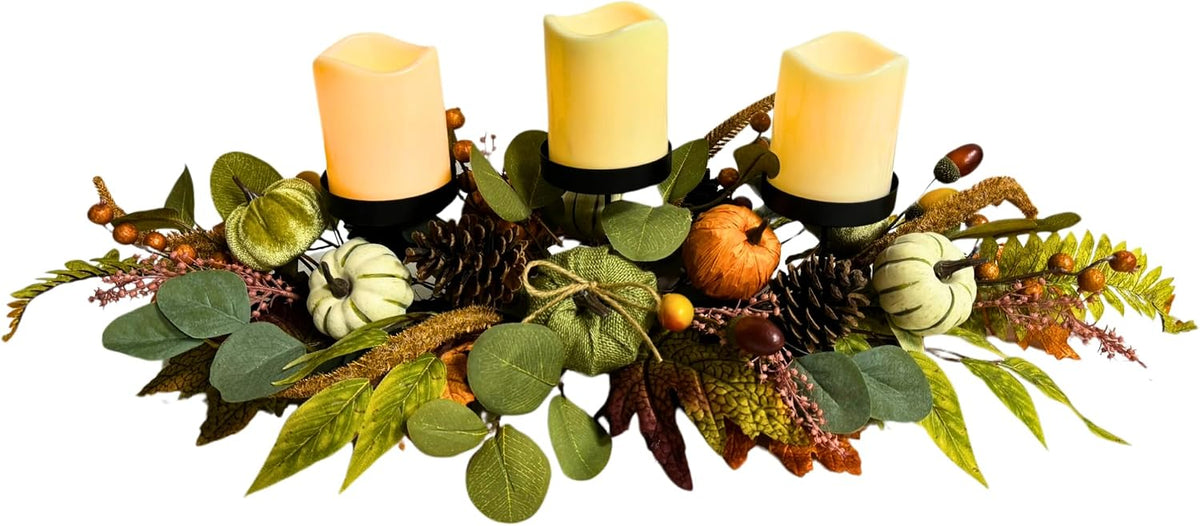 Svndlyn 26 Inch Fall Candle Holder Centerpiece with Pumpkins Pinecones | Three Black Candle Cups with Eucalyptus Leaves, Acorn and Berry Accents for Fall, Harvest and Thanksgiving Decor