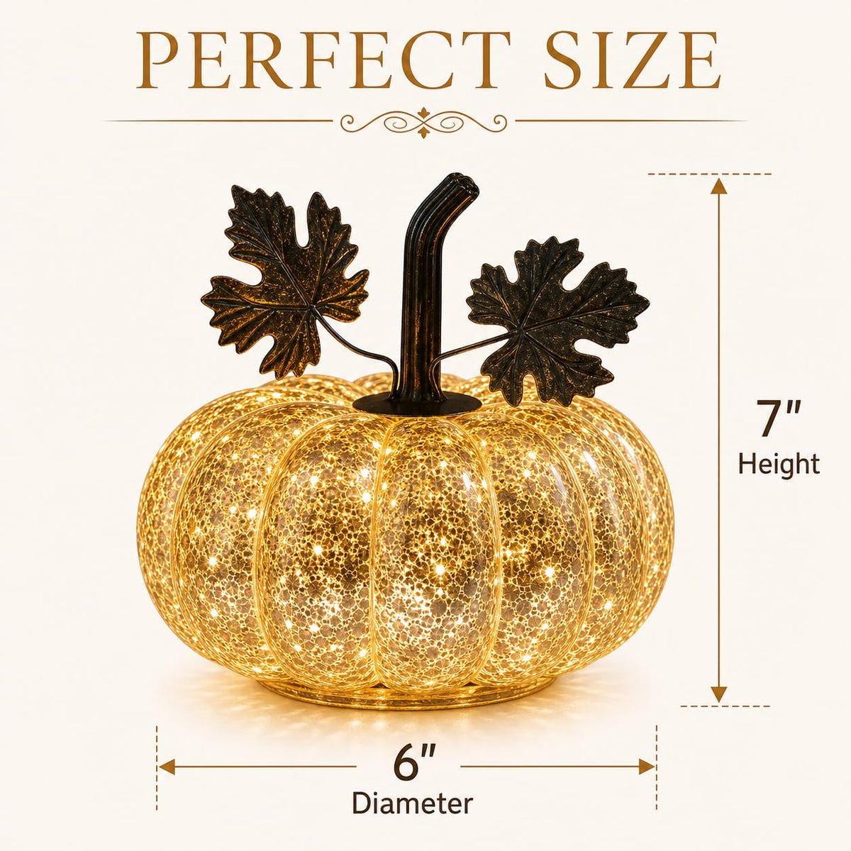 Mercury Glass Pumpkin Light with Timer, 6 Inch Gold Battery Operated LED Pumpkin Decor with 10 Warm Fairy Lights, Light Up Fall Halloween Thanksgiving Table Centerpiece for Home Mantel Shelf